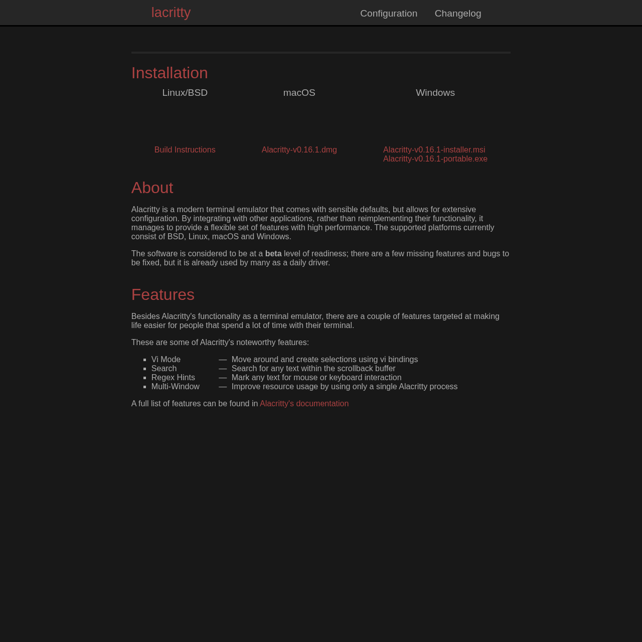 Сайт Alacritty — быстрый минималистичный терминал