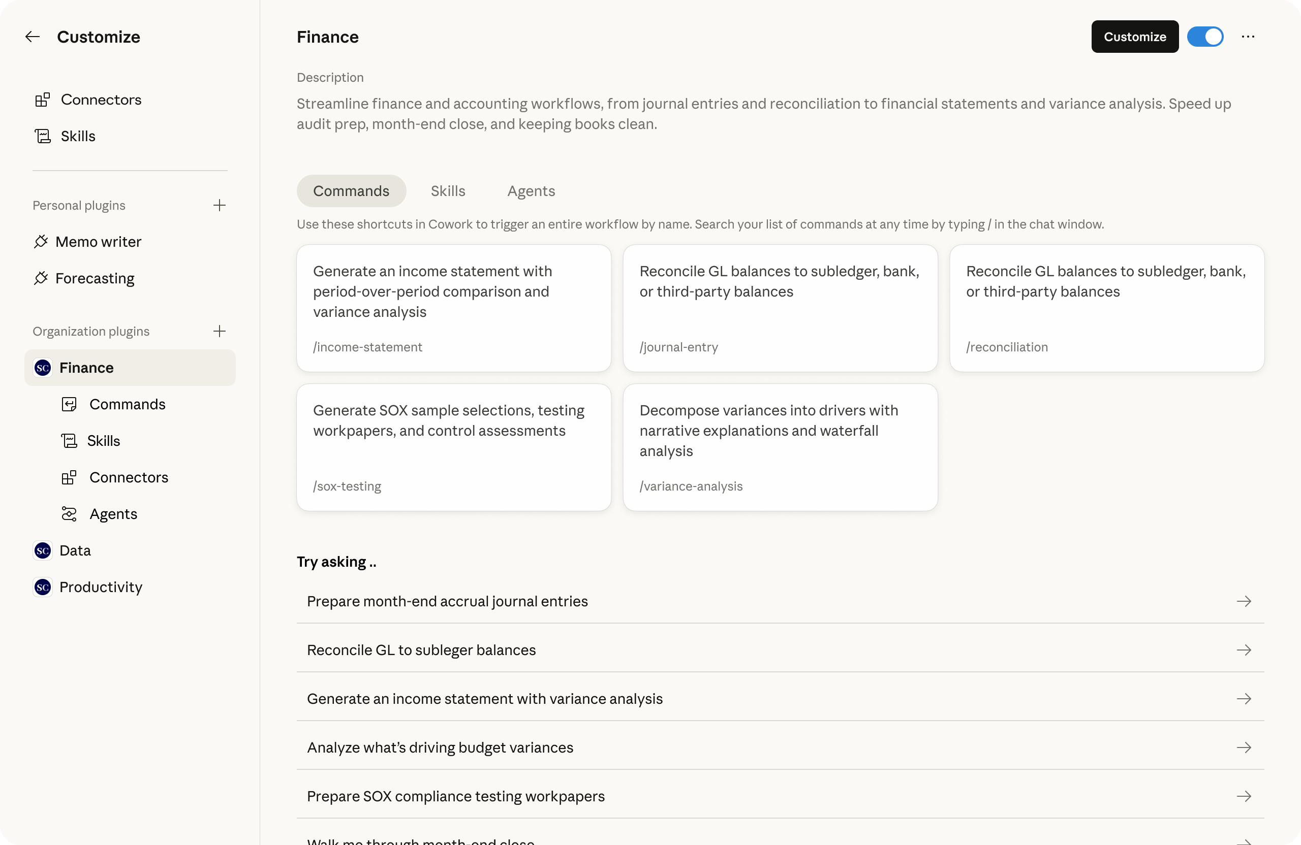 Интерфейс настройки плагинов в Claude Cowork