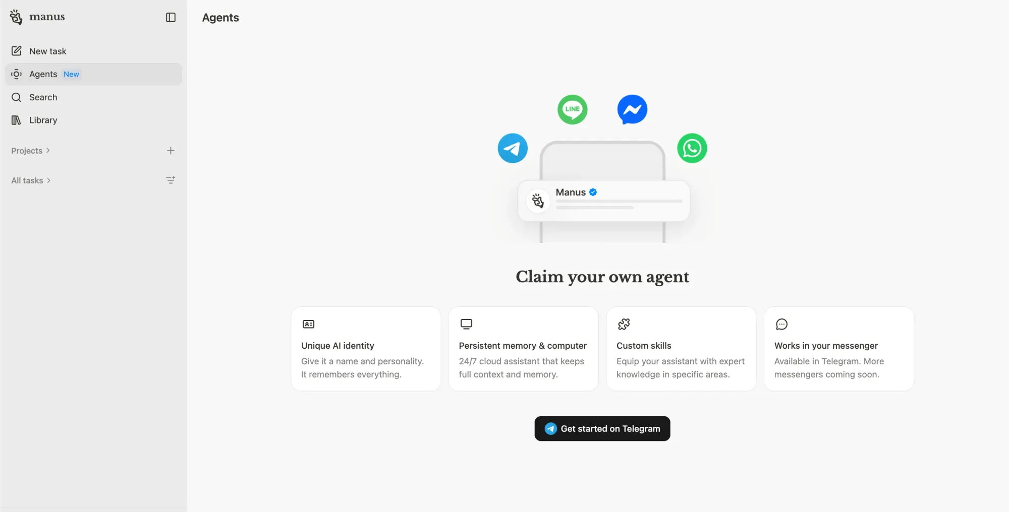 Вкладка Agents в интерфейсе Manus