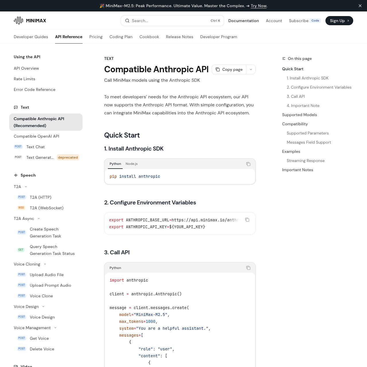 Документация MiniMax по Anthropic-совместимому API