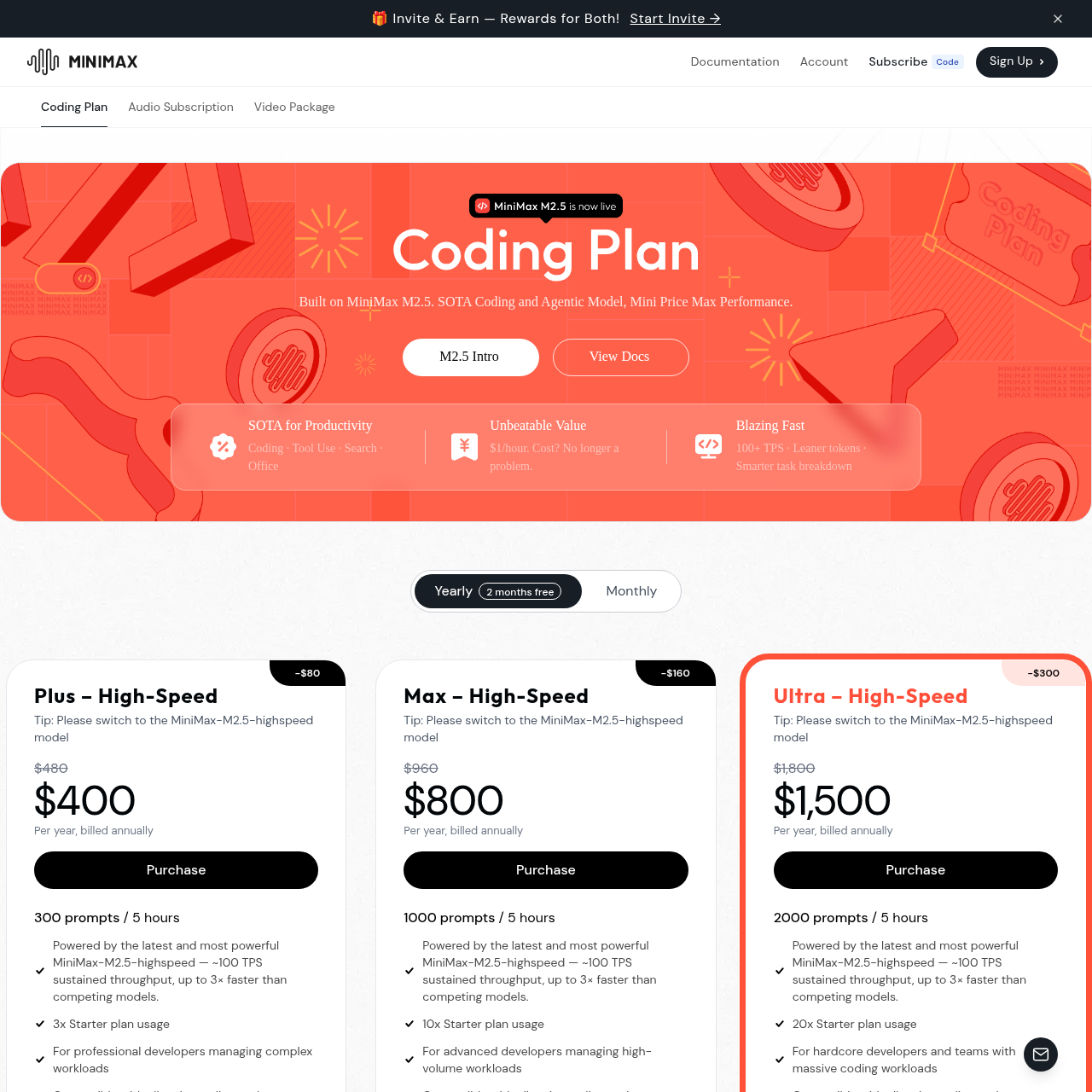 Страница Coding Plan на платформе Minimax — тарифы Standard и High-Speed
