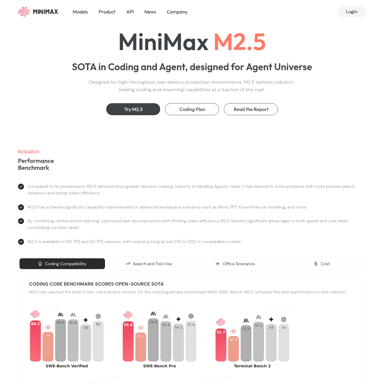 Страница модели MiniMax M2.5 — бенчмарки и возможности