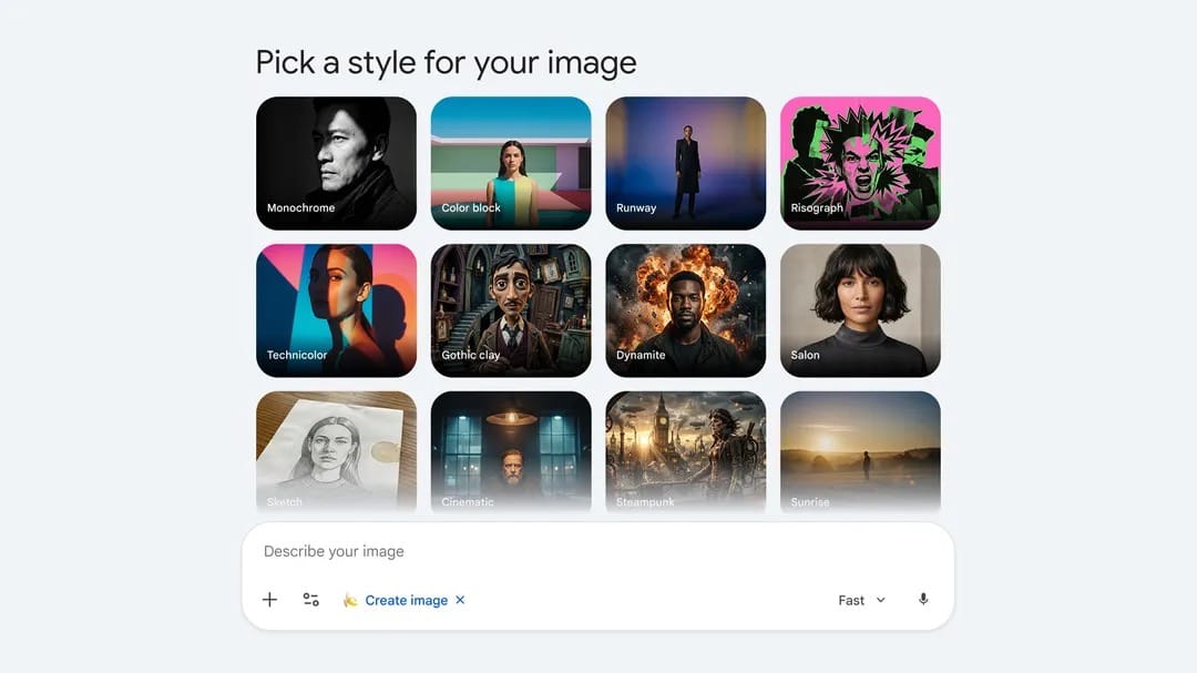 Интерфейс шаблонов для генерации изображений в приложении Gemini