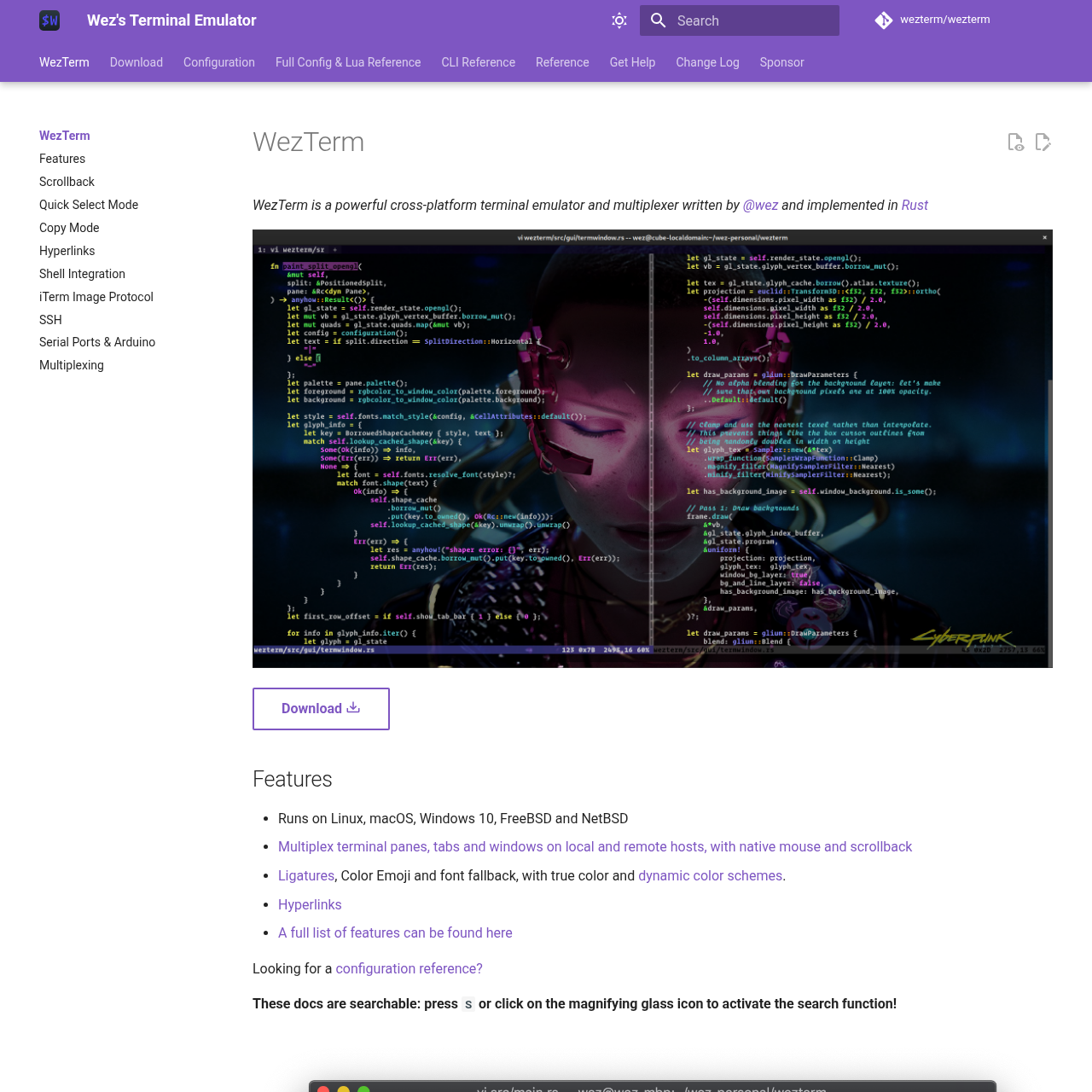 Сайт WezTerm — кроссплатформенный терминал с Lua-конфигом