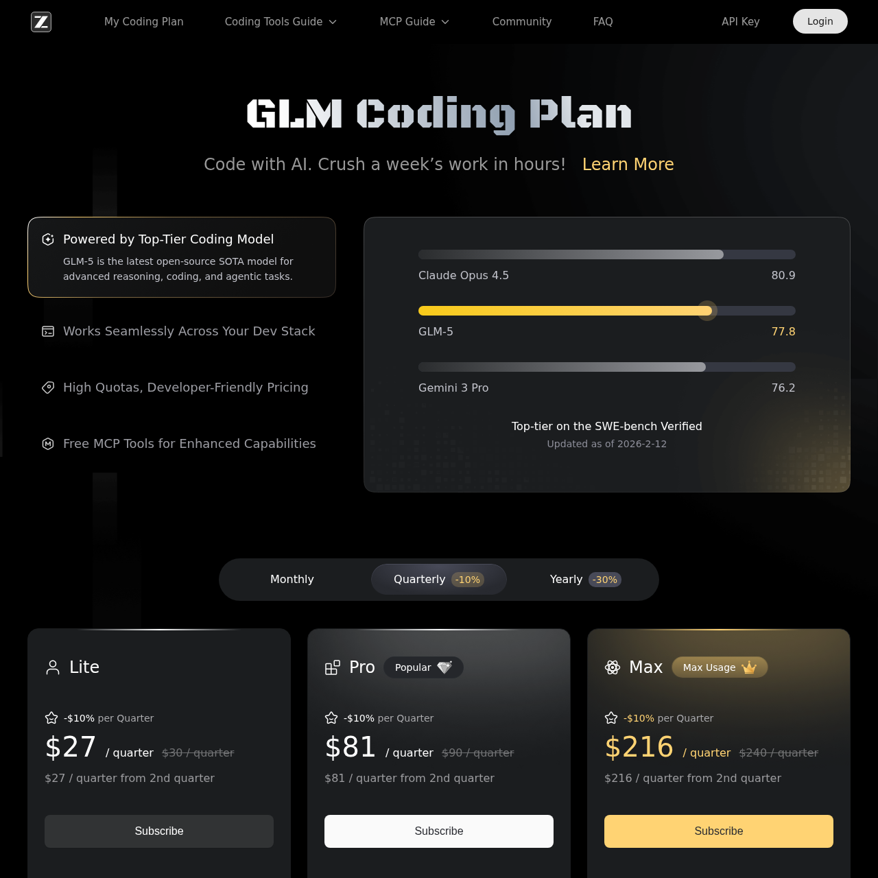 Страница GLM Coding Plan на Z.ai — тарифы Lite, Pro и Max