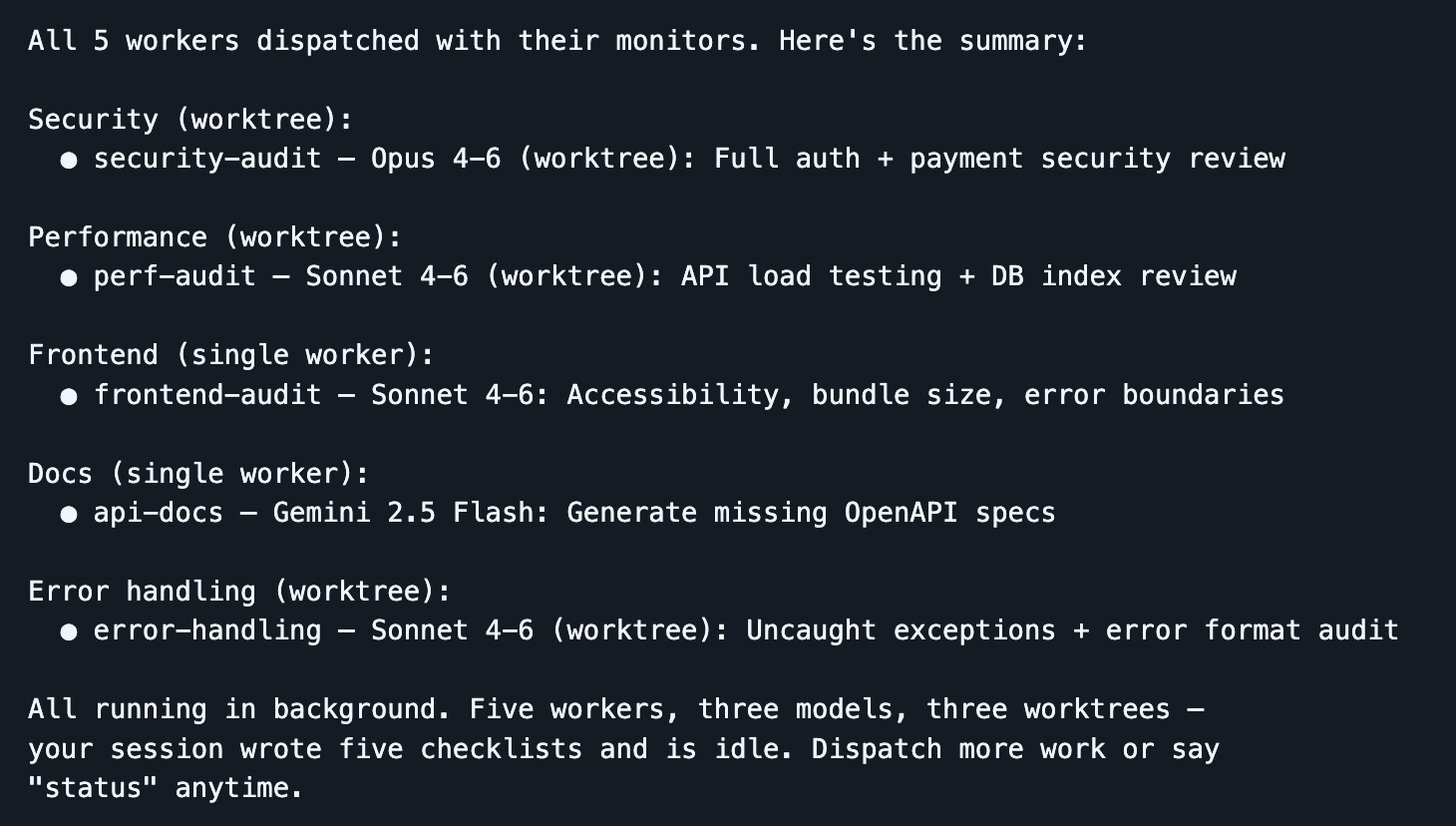 Dispatch запускает 5 воркеров на 3 моделях параллельно
