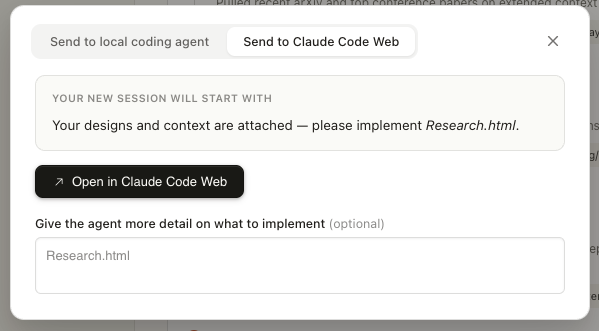 Меню экспорта в Claude Design: PDF, PPTX, Canva, HTML и handoff в Claude Code